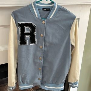 SHEIN Light Blue and Off White Varsity Jacket in Medium